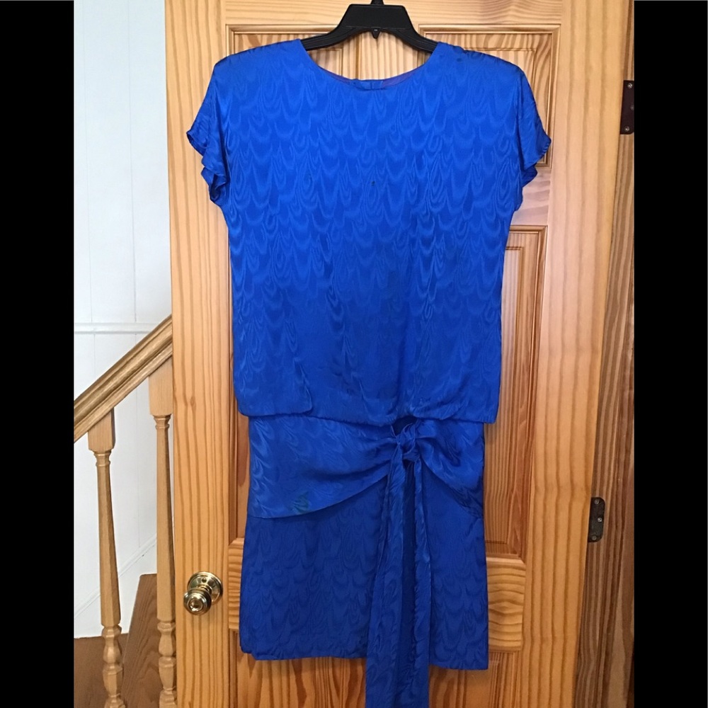 VINTAGE TEXTURED ROYAL BLUE SILK DRESS sz 8 - 80’s 90’s BALLOON TIE AT H…
